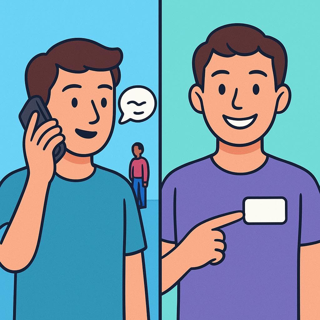 Split-screen showing llamar (calling someone on a phone) vs llamarse (pointing to a name tag).