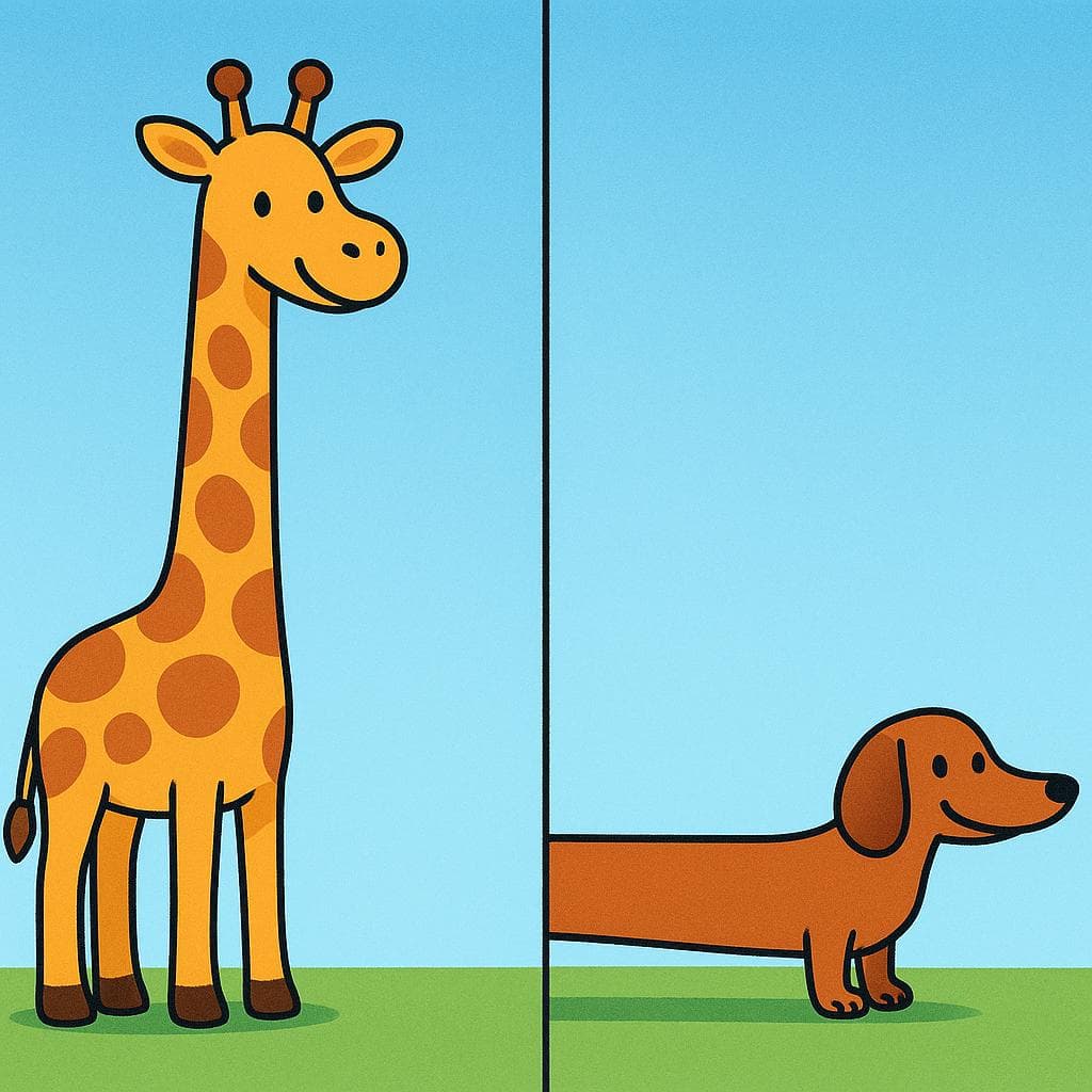 Split-screen showing a tall giraffe ('alto') next to a long dachshund dog ('largo').