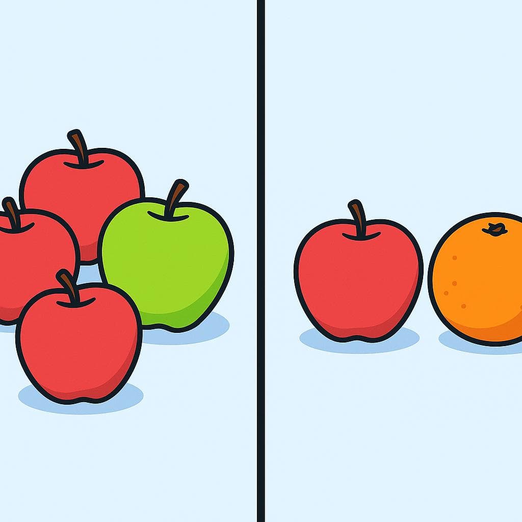 A split-screen showing the subtle difference between 'diferente' (one is not like the others) and 'distinto' (two separate categories).