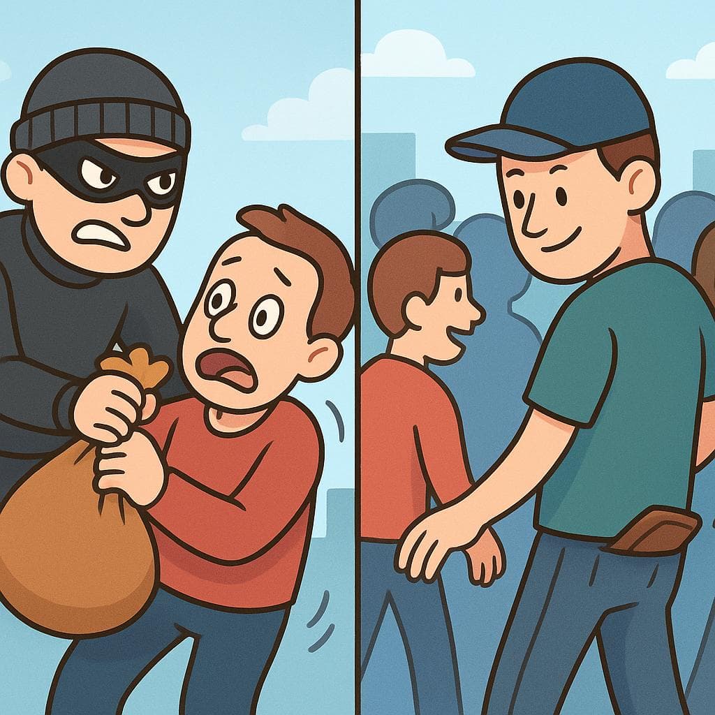 Split-screen showing the difference between robar (forceful) and hurtar (stealthy).