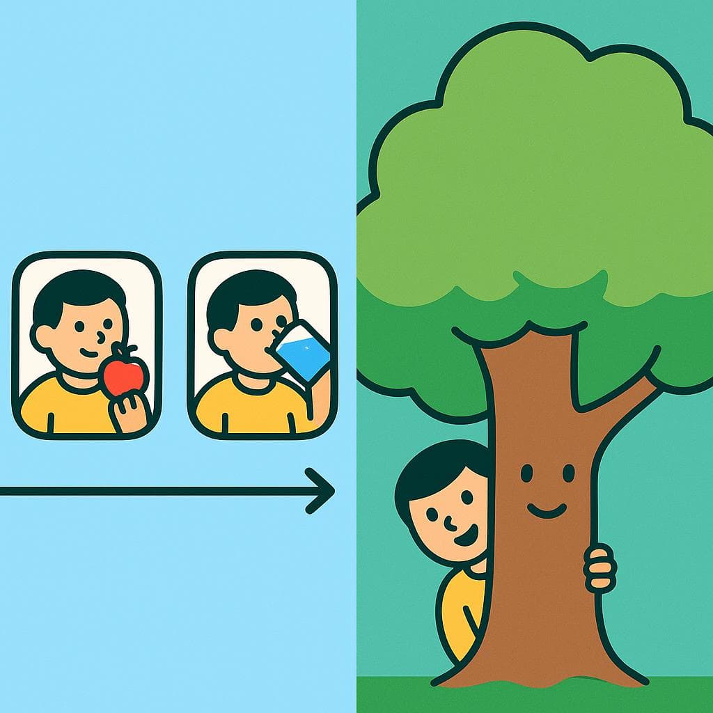 Split-screen showing 'después de' (time sequence) vs 'detrás de' (physical location).