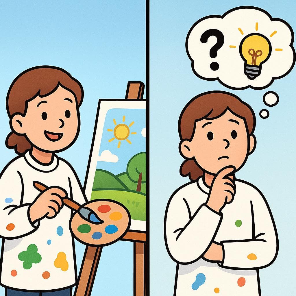 Split-screen showing crear (to create) with a paintbrush vs creer (to believe) with a thought bubble.