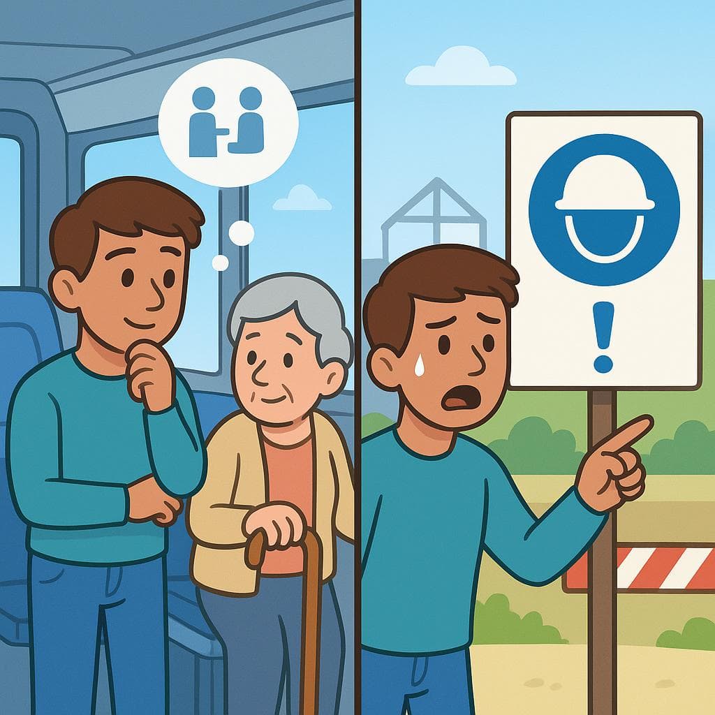 Split-screen showing deber (moral choice) versus tener que (external pressure).