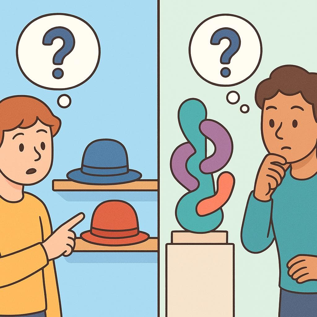 A split-screen showing 'cuál' for choosing between items vs 'qué' for defining an unknown object.