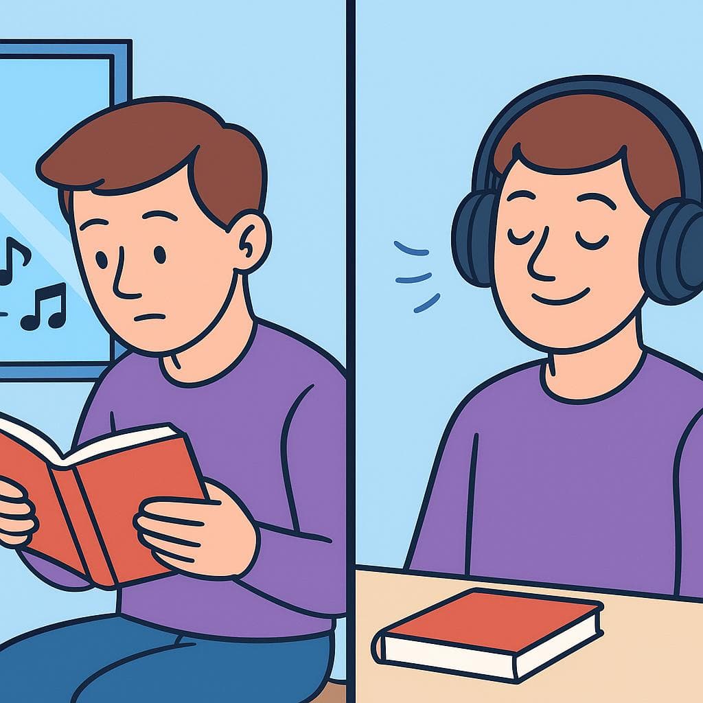 Split-screen showing oír (passive hearing) vs escuchar (active listening) with simple visual examples.