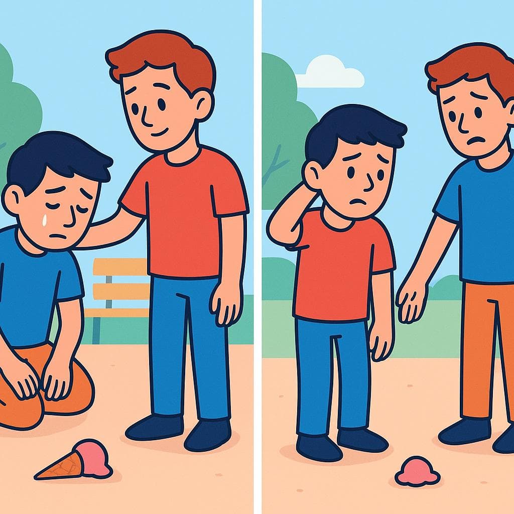 lamentar (상황에 대해 유감스러워함) vs arrepentirse (자신의 행동에 대해 유감스러워함)을 보여주는 화면 분할 이미지.