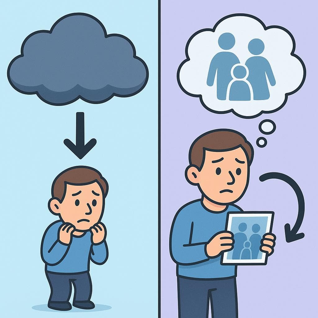 Split-screen showing preocupar (an external problem causing worry) vs preocuparse (a person feeling worry internally).