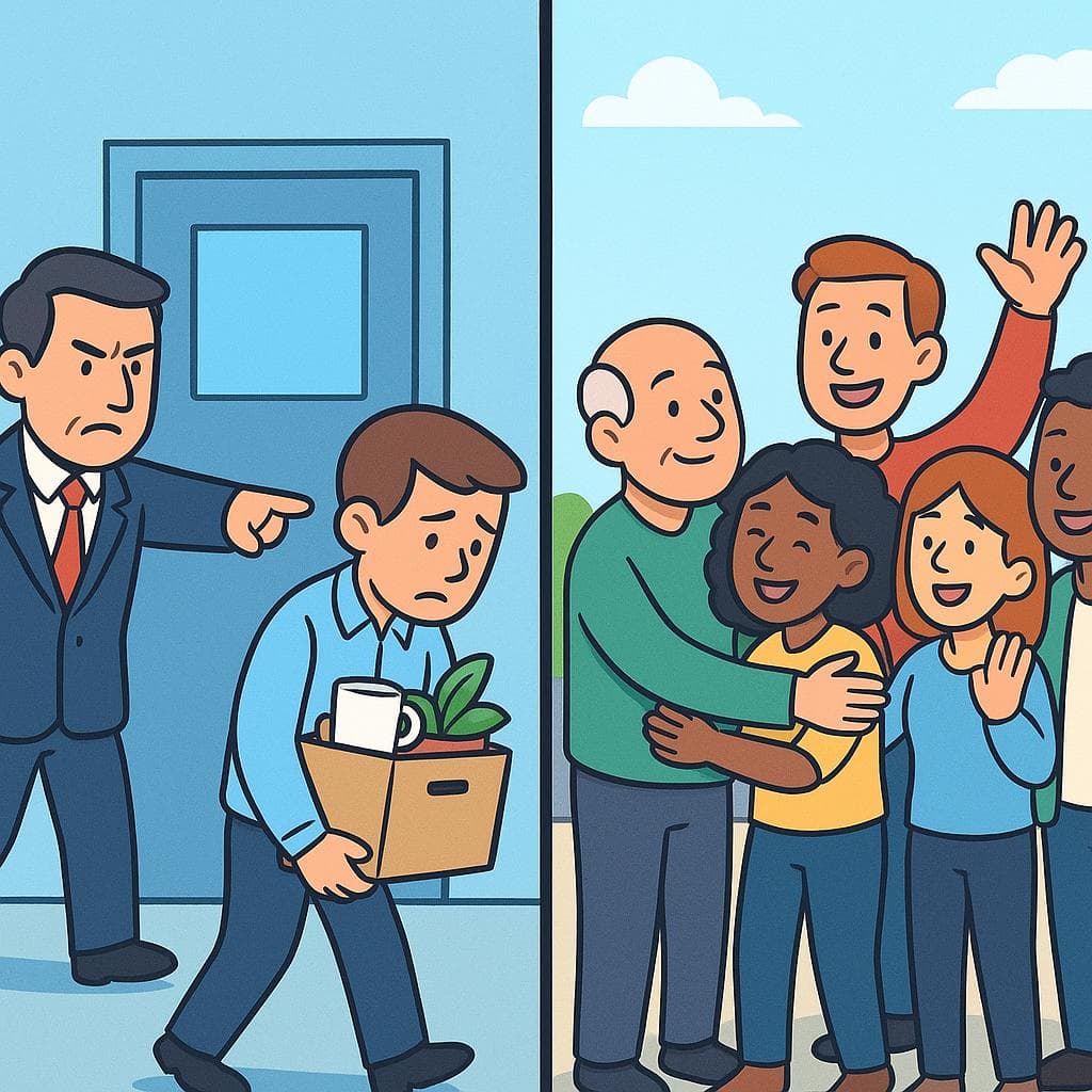 Split-screen cartoon showing the difference between 'despedir' (to fire) and 'despedirse' (to say goodbye).