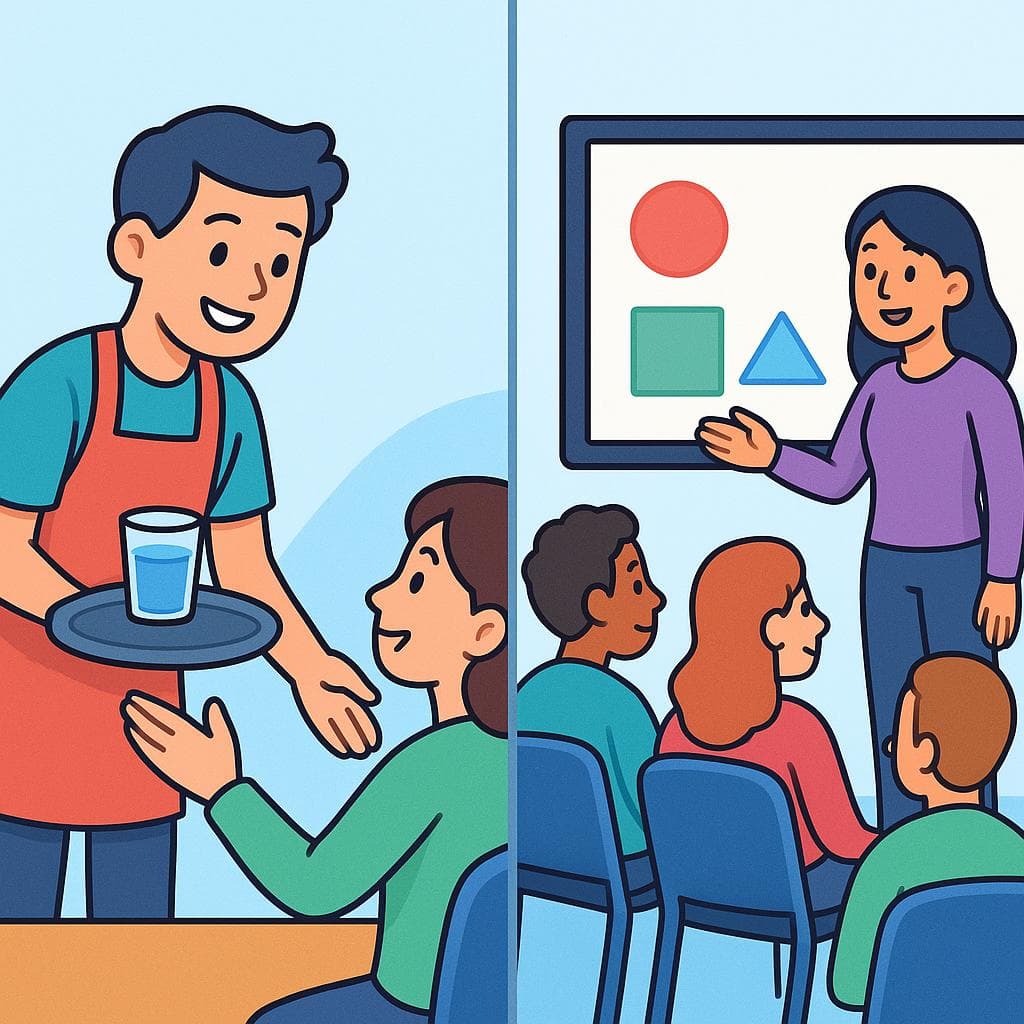 Split-screen cartoon showing 'atender' (serving) vs 'asistir' (being present).