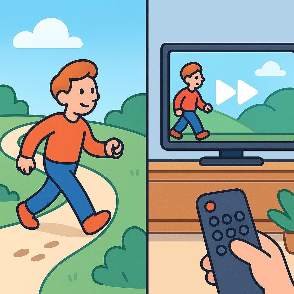 Split-screen showing a person following a path for 'seguir' versus a movie resuming on a screen for 'continuar'.