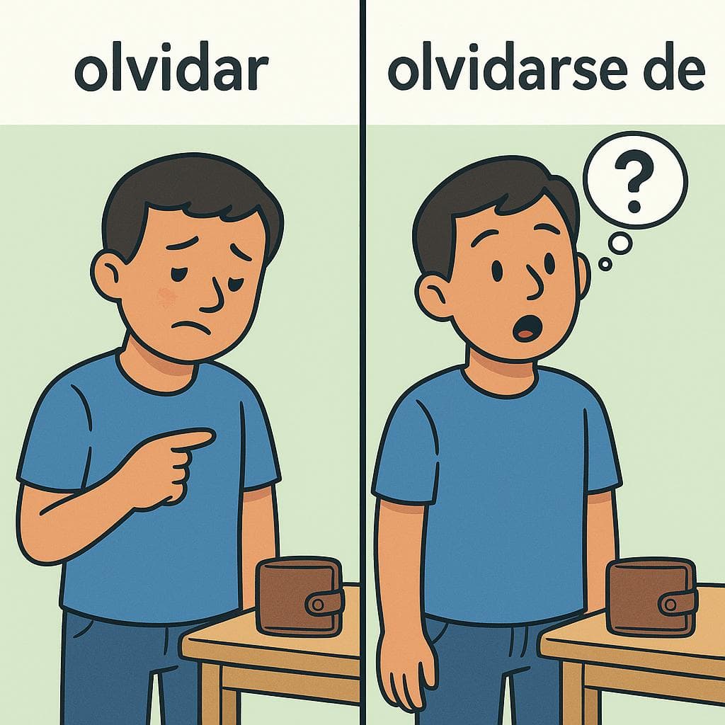 Split screen showing 'olvidar' as taking responsibility versus 'olvidarse de' as an accidental slip of the mind.