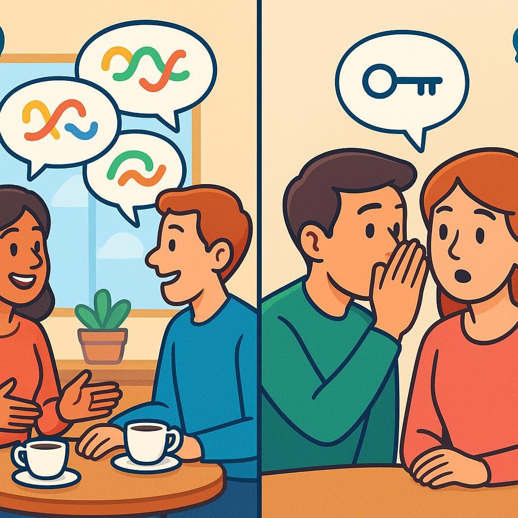 Split-screen showing hablar (the act of talking) vs decir (the content of a message).