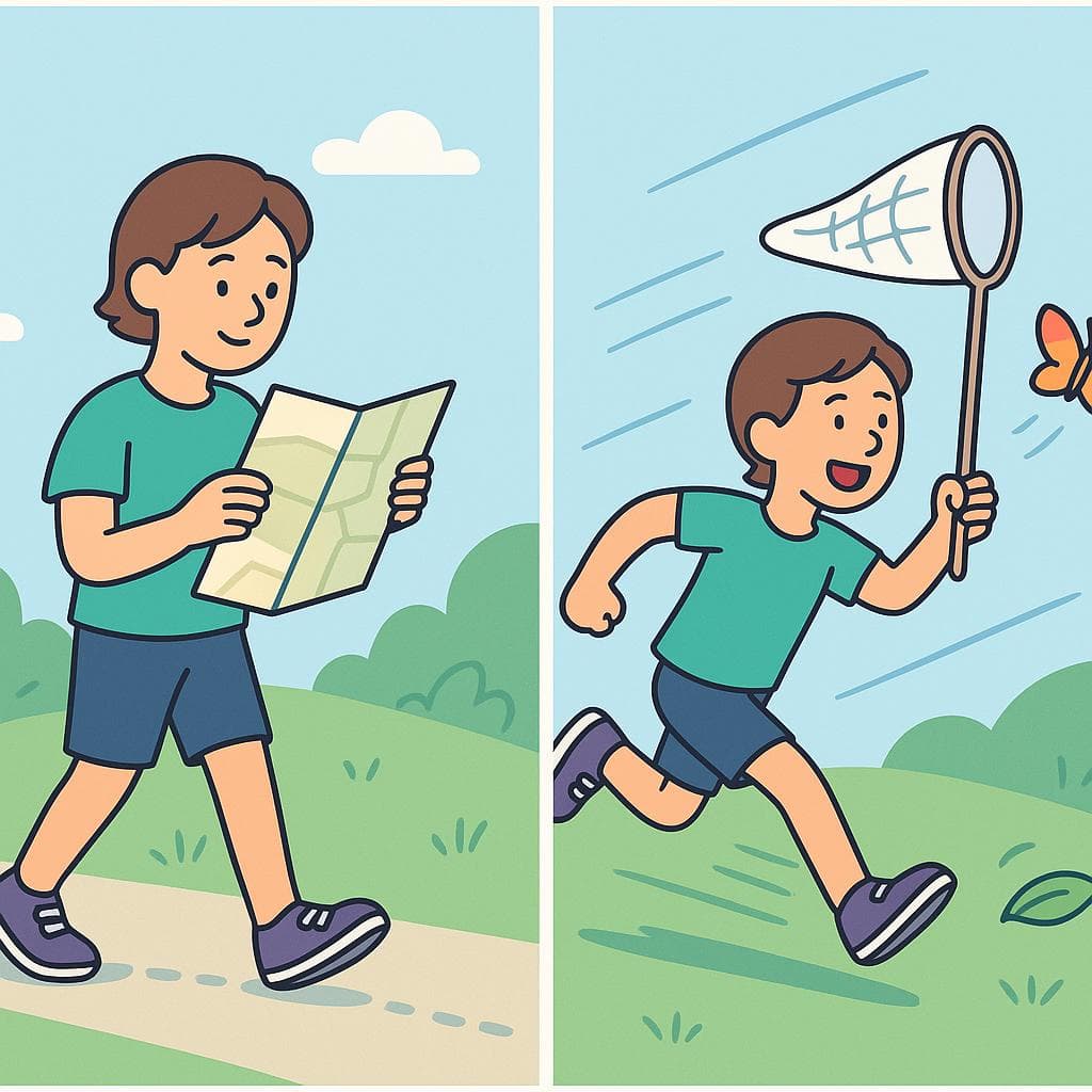 Split-screen showing seguir (following a map) vs perseguir (chasing a butterfly).