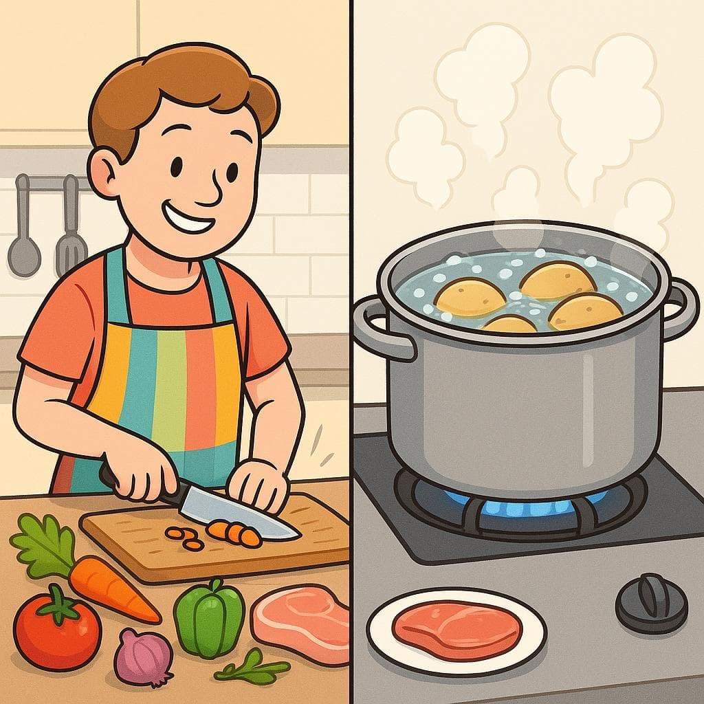 Podzielony ekran pokazujący cocinar (cały proces gotowania posiłku) vs cocer (gotowanie czegoś w jednym garnku).