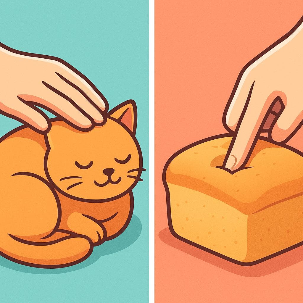 Split-screen comparing 'suave' (a hand stroking a cat's fur) and 'blando' (a hand pressing into a loaf of bread).