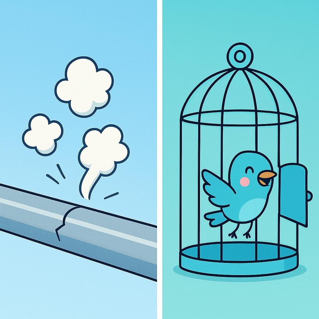 Split-screen showing escapar (a leaking pipe) vs escaparse (a bird flying from a cage).
