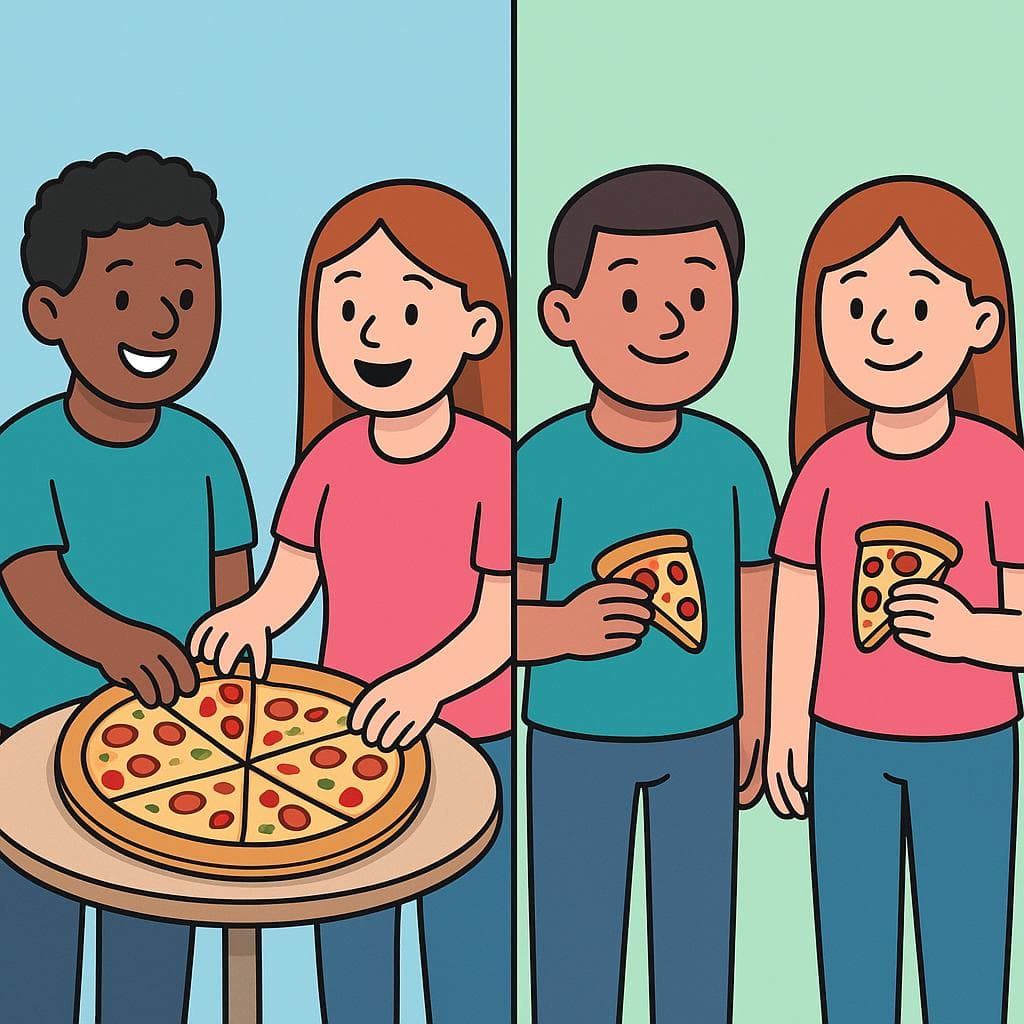 Split-screen showing a single shared object (mismo) vs two identical but separate objects (igual).
