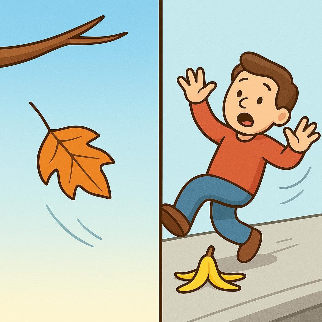 Split-screen showing caer (natural falling) vs caerse (accidental falling down).