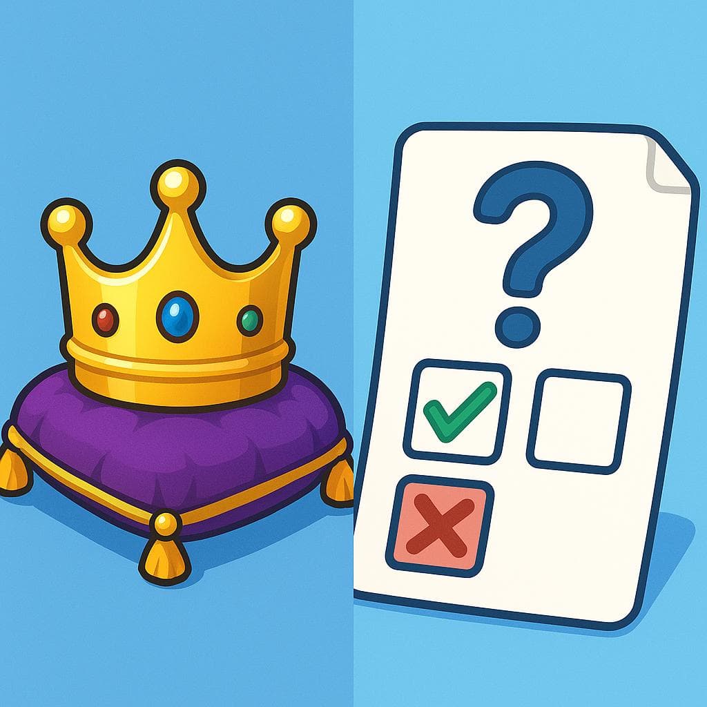 A split-screen showing 'real' (a royal crown) vs 'verdadero' (a true/false quiz with a checkmark on 'true').