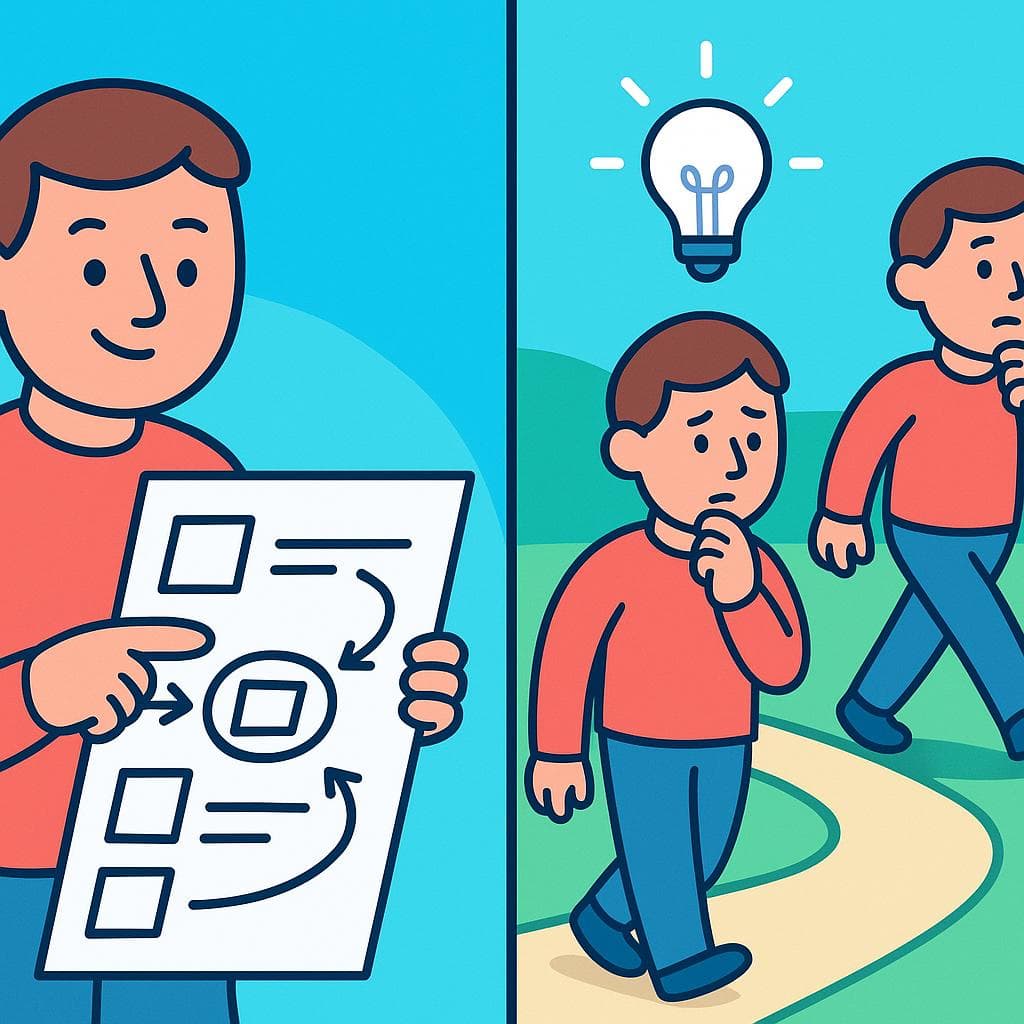 Split-screen showing decidir (pointing at a plan) vs decidirse (a lightbulb moment of choosing one path).