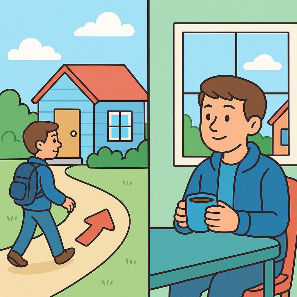 Split-screen comparing 'a' (motion towards a house) and 'en' (location inside a house).