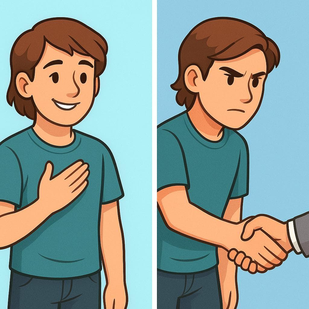 Split-screen comparing prometer (a person crossing their heart) vs comprometerse (two people shaking hands firmly).