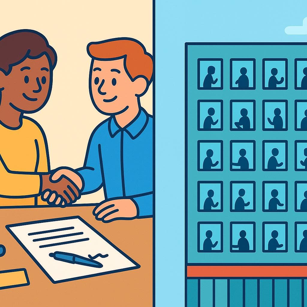 A split-screen showing the difference between contratar (the act of hiring) and emplear (the state of being employed).