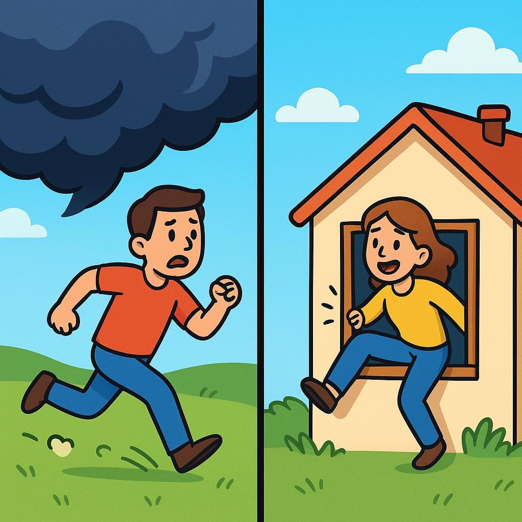 Split-screen showing huir (fleeing from a general threat) vs escapar (breaking out of a specific confinement).