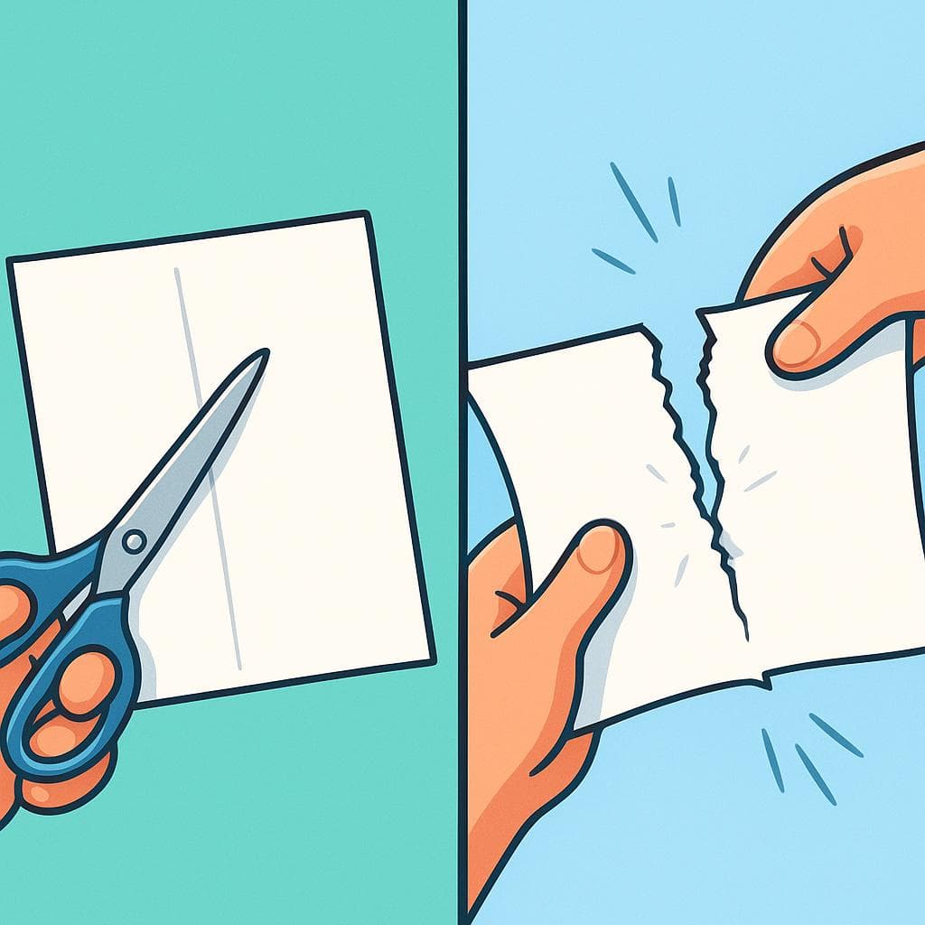 Split-screen comparing cortar (cutting) vs romper (breaking). On the left, a hand with scissors cuts a line on paper. On the right, a hand tears a piece of paper in half.