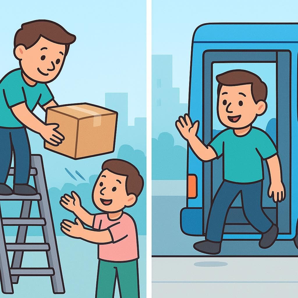 Split-screen showing bajar (lowering an object) vs bajarse (getting off a bus).