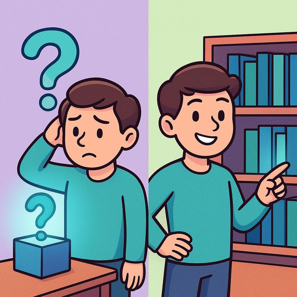 Split-screen showing 'esto' with a question mark over a box, and 'este' with a hand pointing to a specific book.