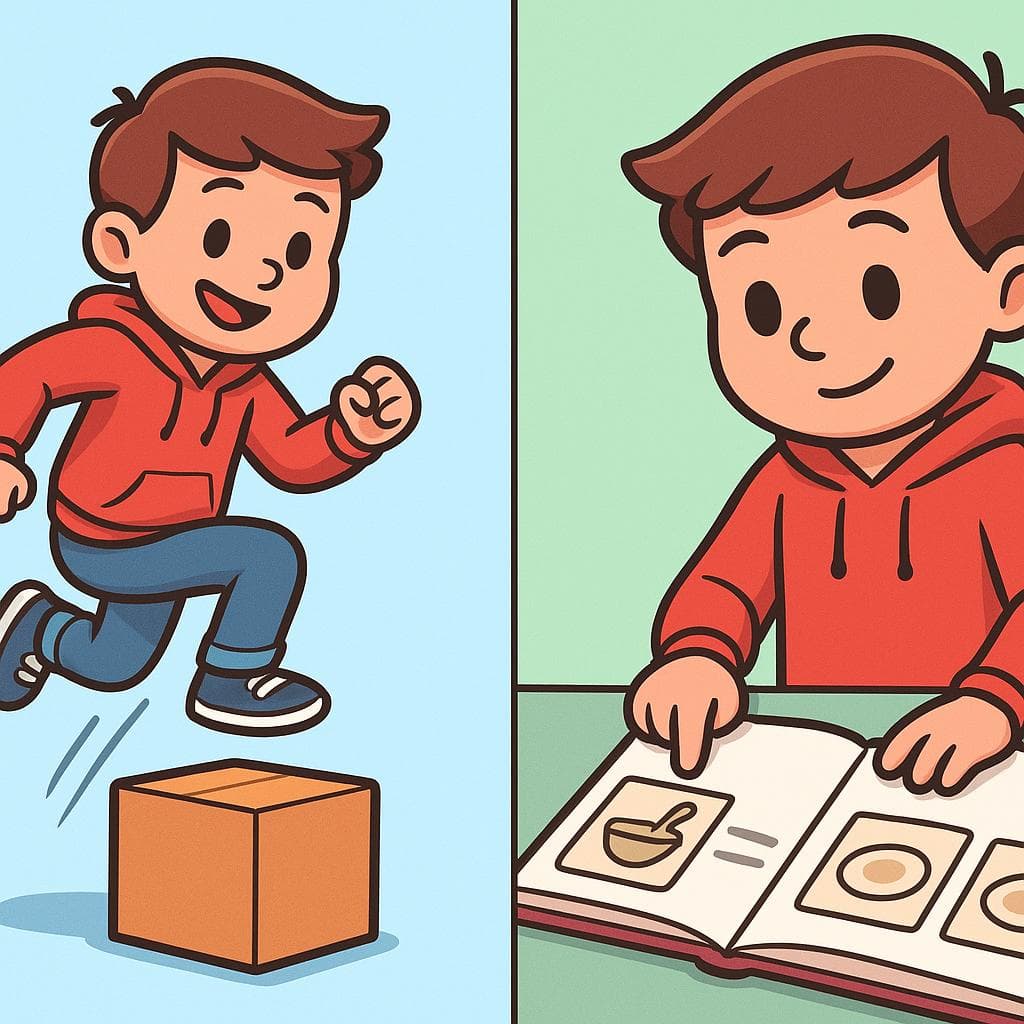 Split-screen showing saltar (jumping over a box) vs saltarse (skipping a step in a recipe).