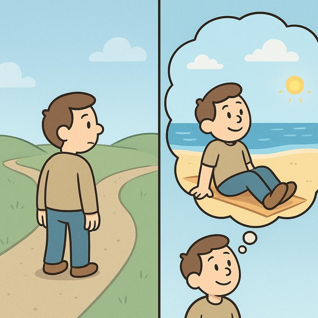 A split-screen showing a split road representing a past choice versus a thought bubble showing a hypothetical outcome.