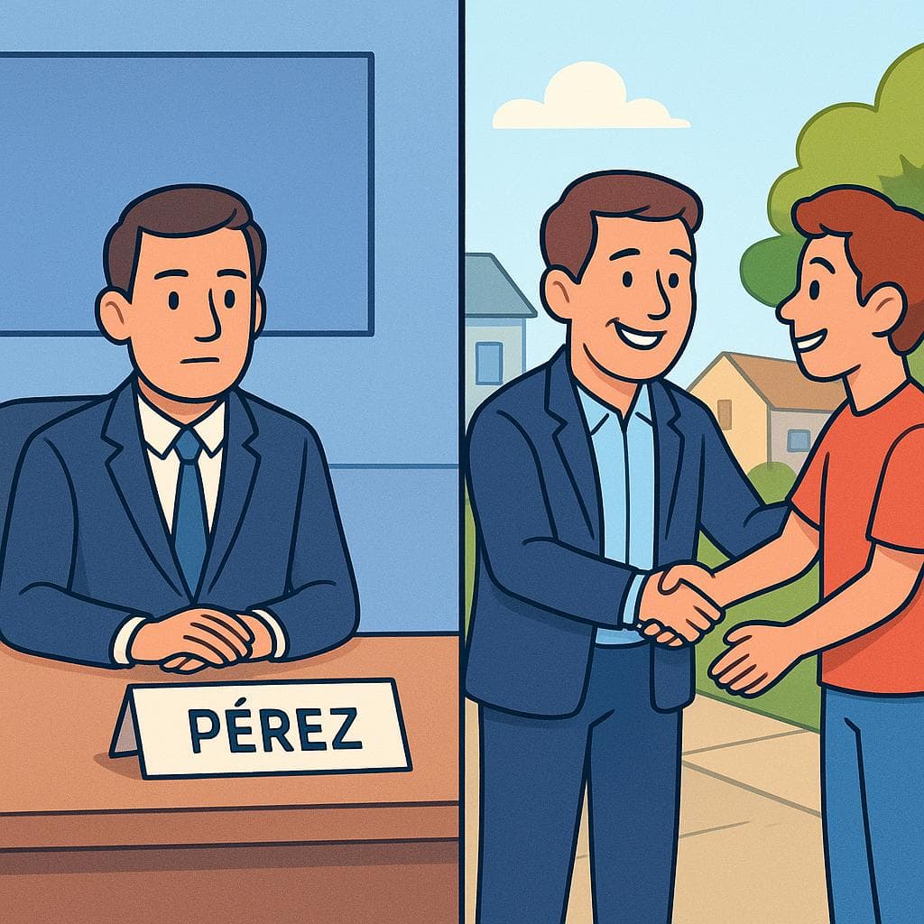 A split-screen showing a man being addressed as 'Señor Pérez' in a formal office and 'Don Carlos' in a respectful community setting.