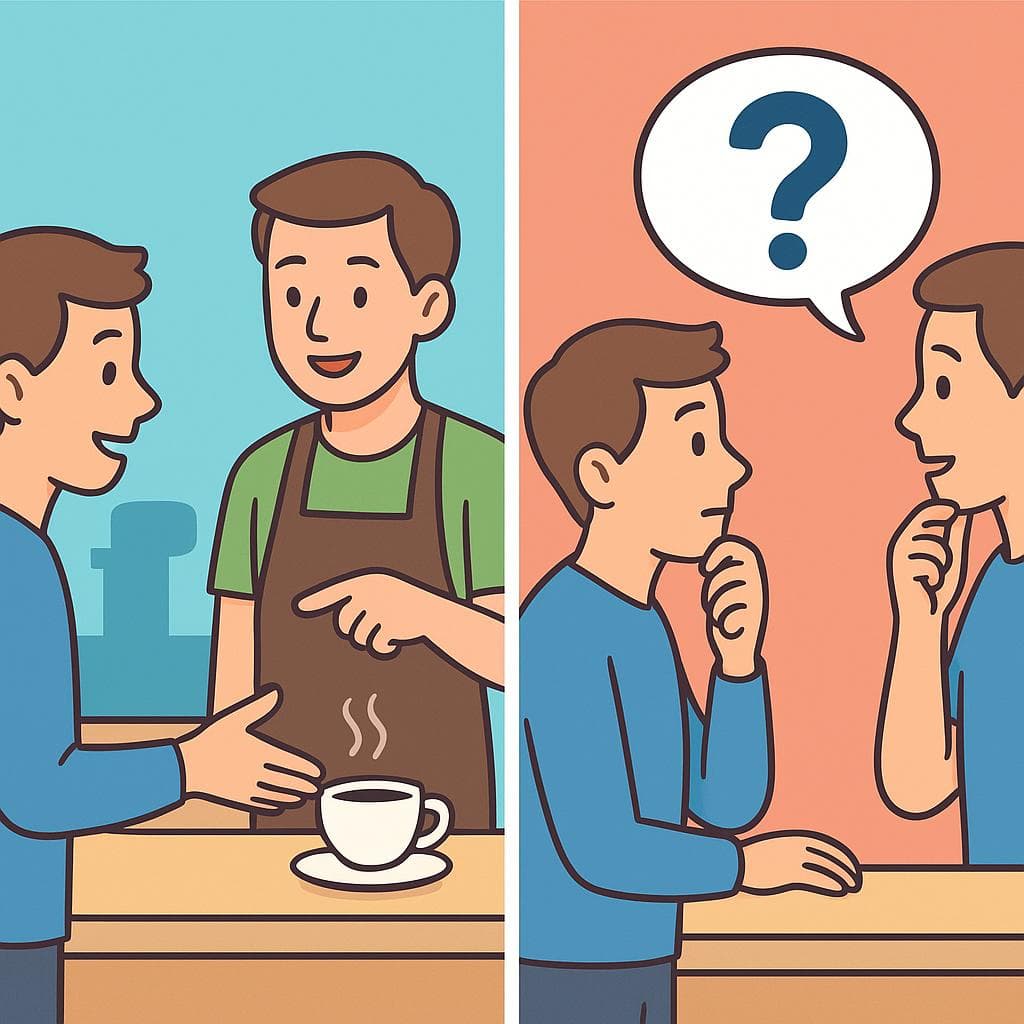 Split-screen showing pedir (asking for an object) vs preguntar (asking for information).