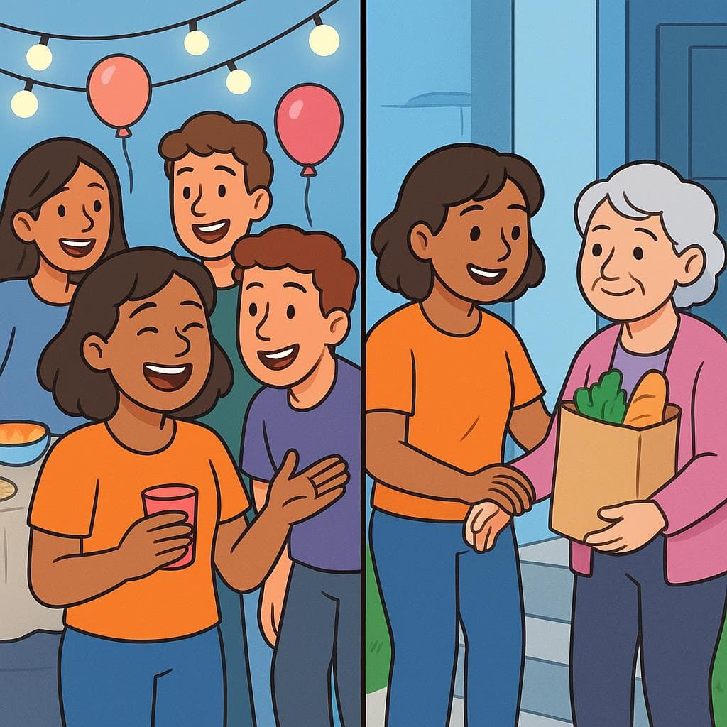 Split-screen showing 'simpático' (a likable personality) vs 'amable' (kind actions).