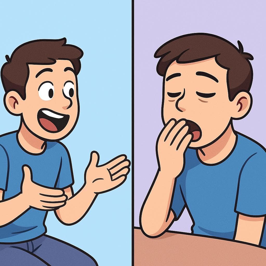 끊임없이 말하는 지치게 하는 사람과 하품하는 지친 사람을 대조하는 화면 분할 이미지.