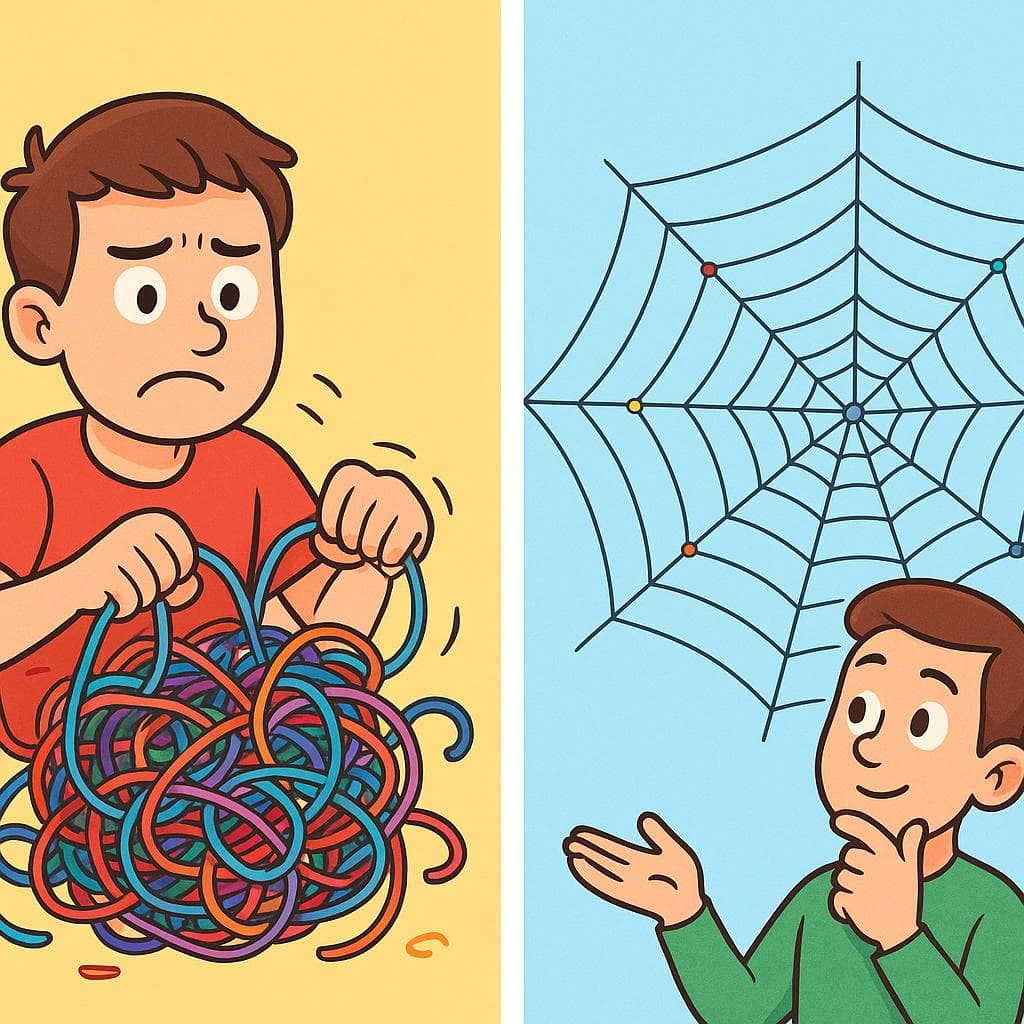 A split screen comparing 'complicado' (a tangled knot of yarn) and 'complejo' (an intricate, orderly spiderweb).