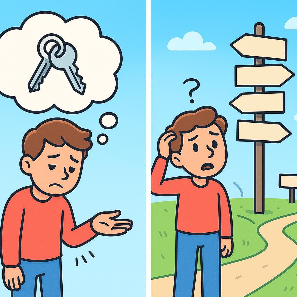 물건을 잃어버리는 것(perder) 대 길을 잃는 것(perderse)을 보여주는 분할 화면.