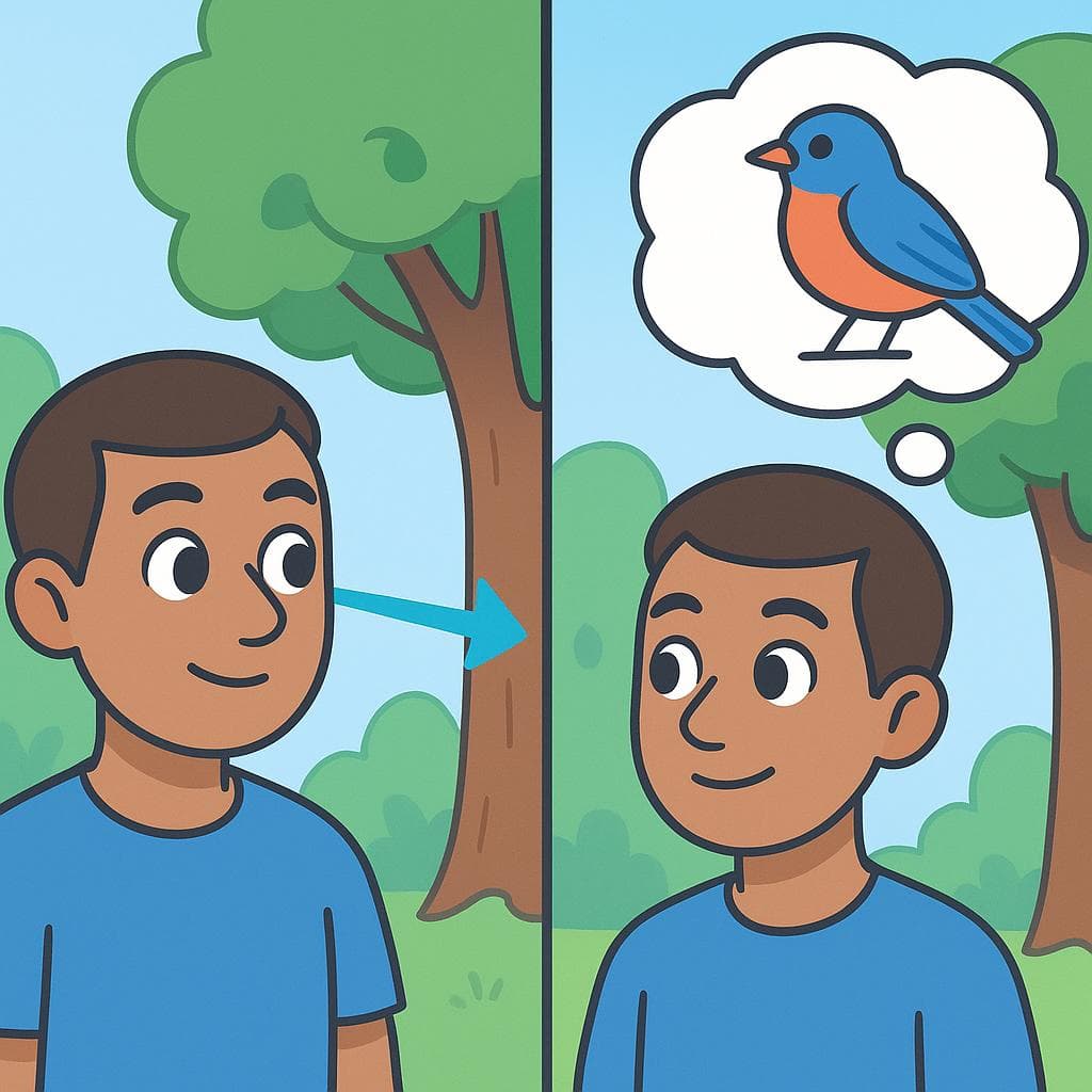 Split-screen showing mirar (a person pointing their eyes at a bird) vs ver (what the person's brain perceives, the image of the bird).