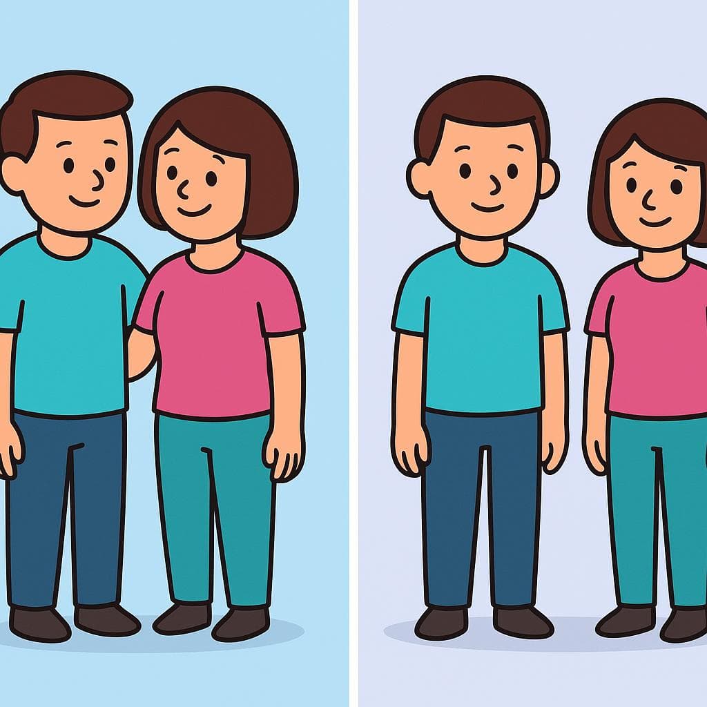 Split-screen comparing 'junto a' (two people holding hands) vs 'al lado de' (two people standing near each other with space between).
