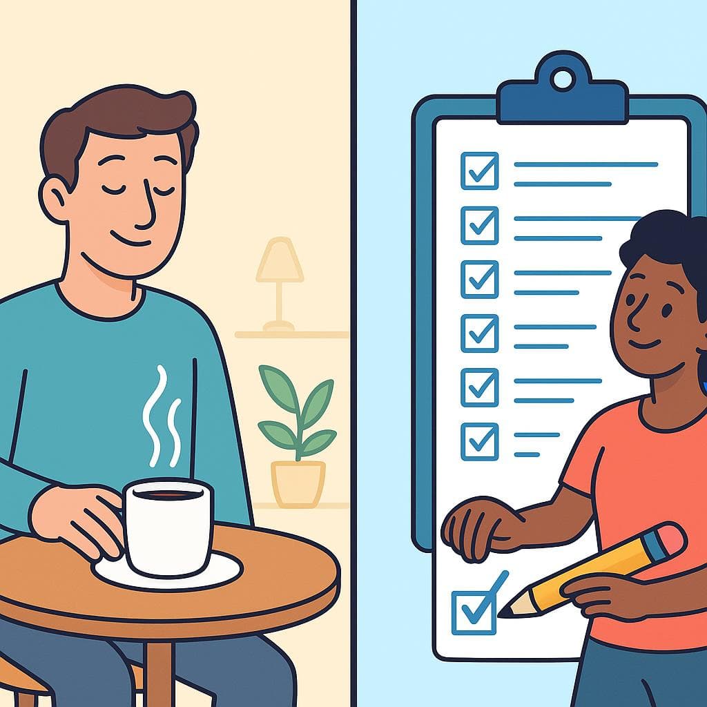 acabar (방금 행동을 끝냄) 대 terminar (정해진 과제를 완료함)을 보여주는 분할 화면.