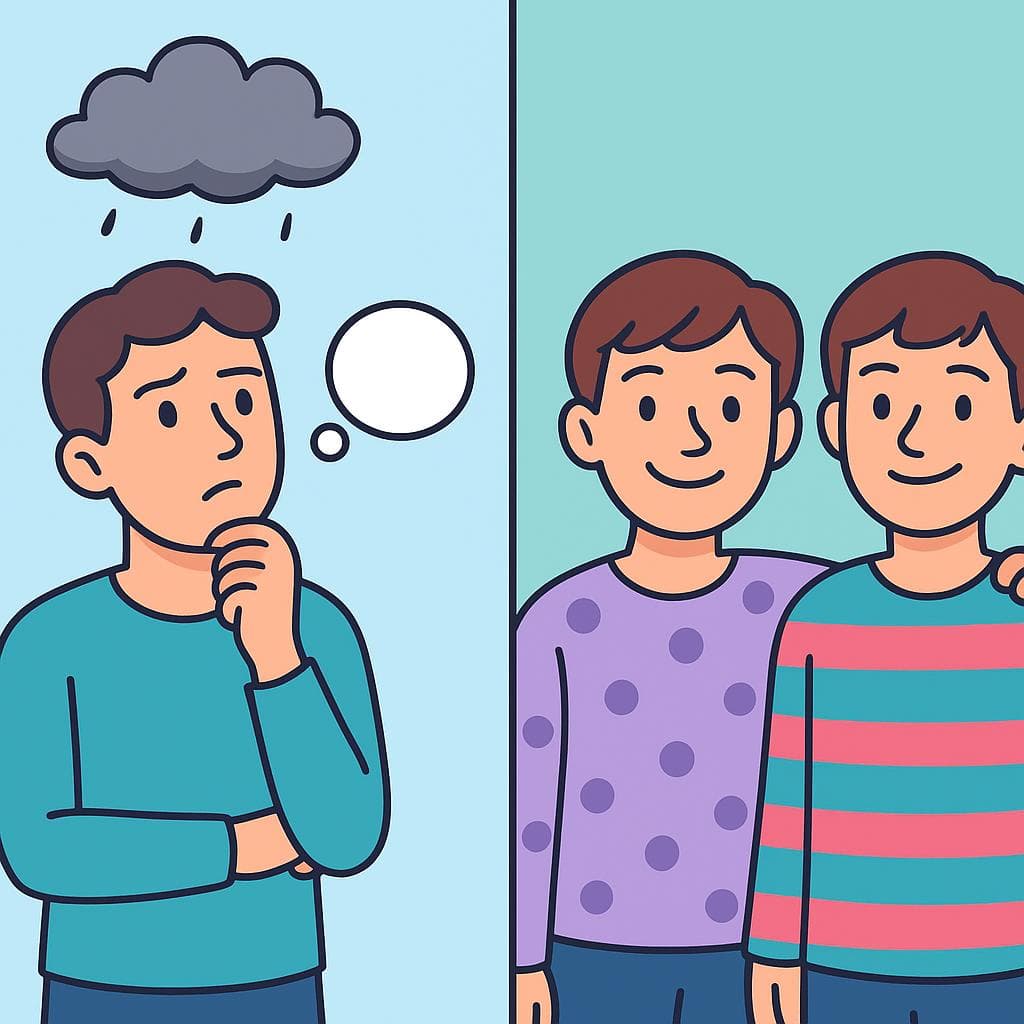 Split-screen showing 'parecer' (an opinion about a cloud) vs 'parecerse' (two people who look alike).