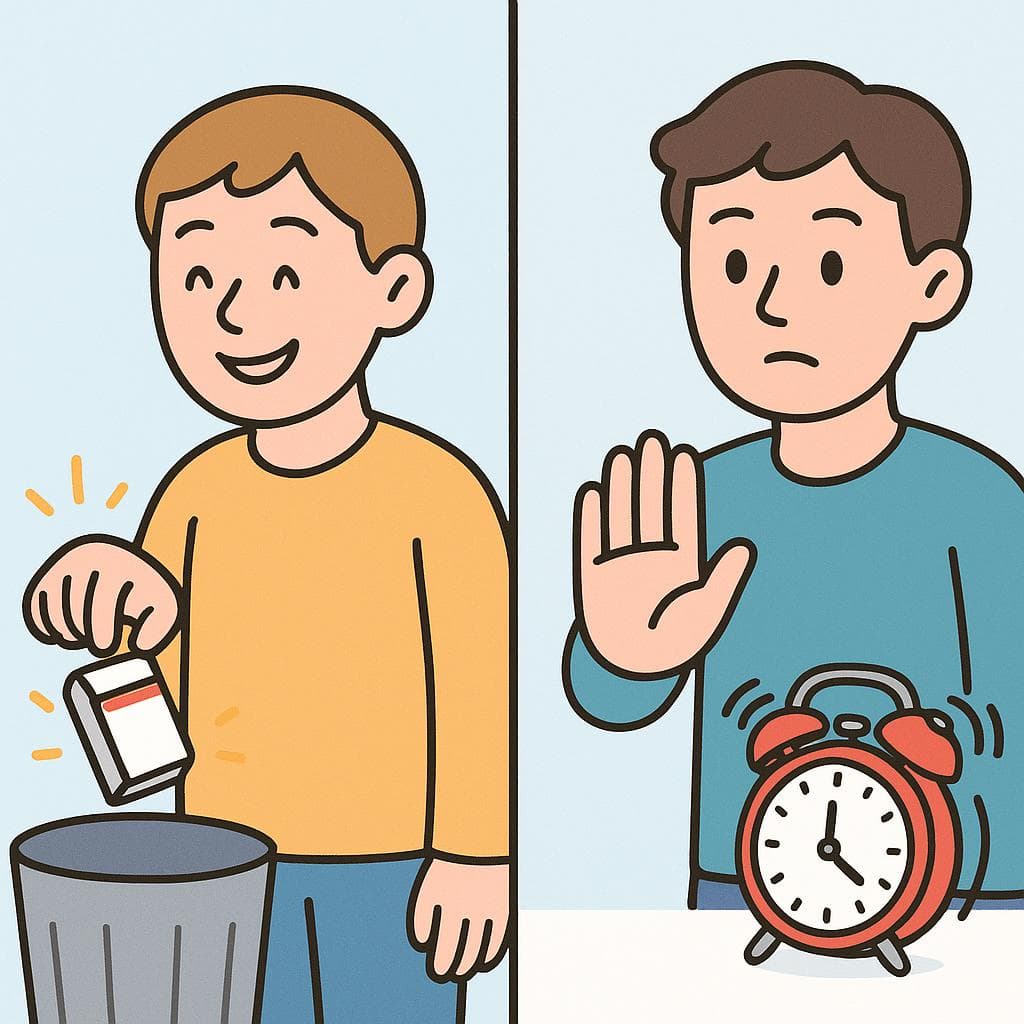 Split-screen showing 'dejar de' (quitting a habit) vs 'parar de' (stopping an action).