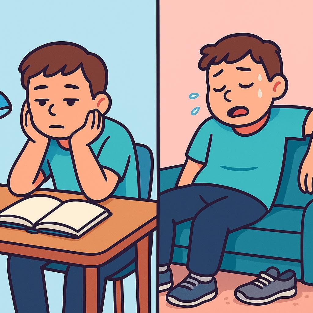지루함을 느끼는 사람(aburrirse)과 피곤함을 느끼는 사람(cansarse)을 보여주는 분할 화면.