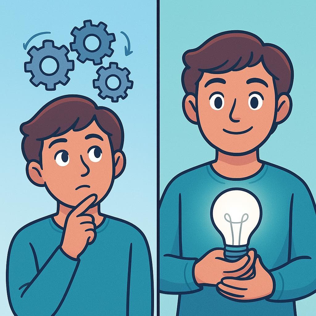 Pensar (능동적인 사고 과정) 대 Creer (믿음을 가지고 있는 모습)을 보여주는 화면 분할 이미지.