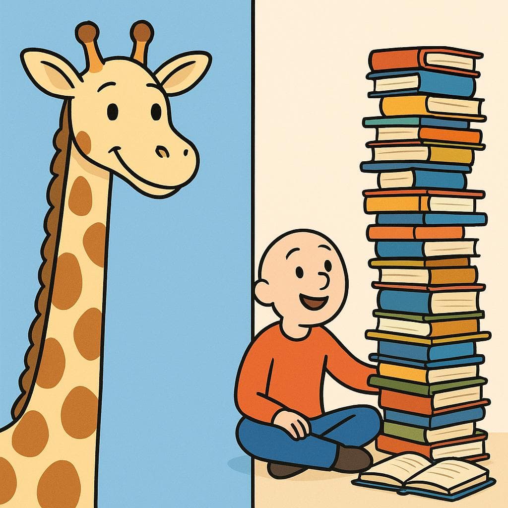 Split-screen showing 'tan' modifying a quality (a very tall giraffe) vs 'tanto' modifying a quantity (a person with a huge pile of books).