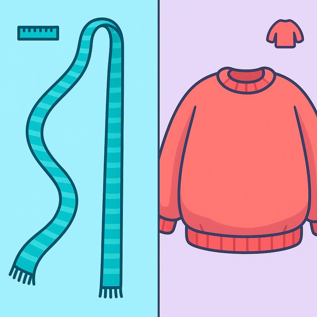 Split-screen illustrating the difference between largo (a long scarf) and grande (a big sweater).