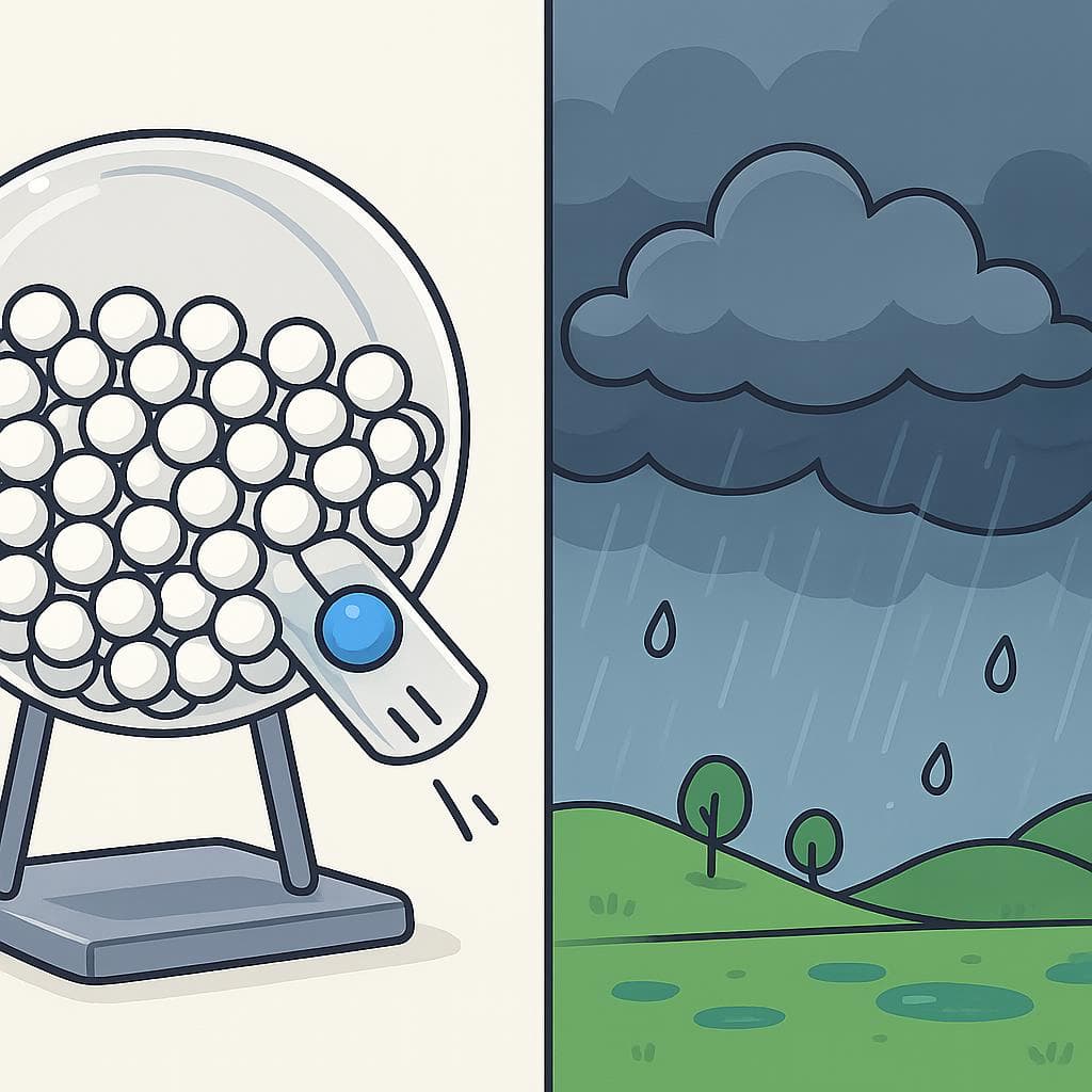A split-screen showing 'posible' as a single lottery ball being drawn from many, and 'probable' as a sky full of dark rain clouds.