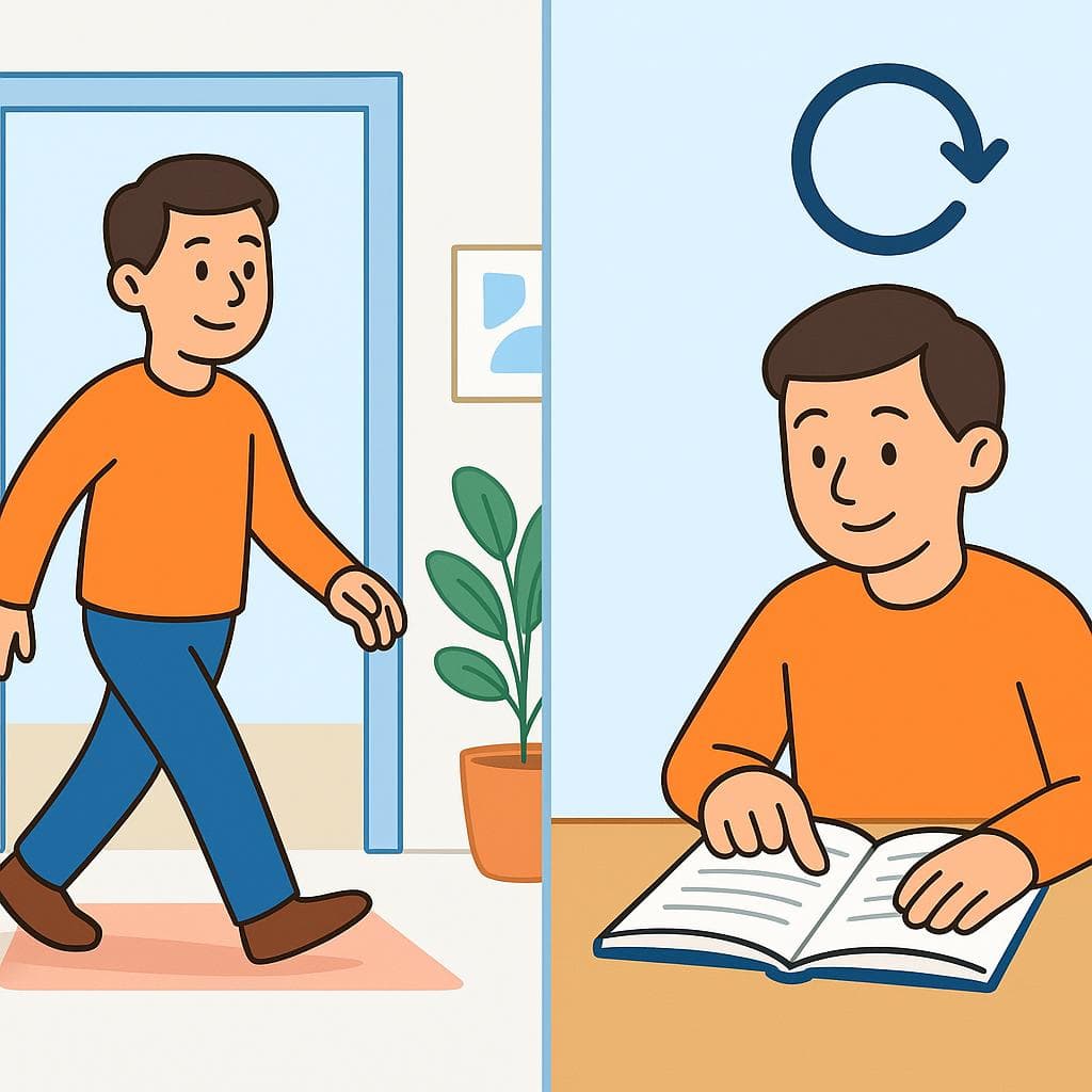 A split-screen showing the different uses of volver and regresar. One side shows a person returning home, and the other shows them re-reading a book.